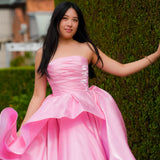 Baby Pink liquid taffeta ruffled dress with  straight neckline