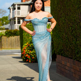 Baby blue crystal mesh strap off the shoulder sleeve mermaid dress for hire