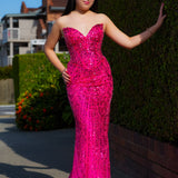 Hot pink beaded Basque waist open back dangling lace v neck corset top mermaid dress