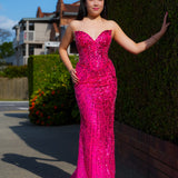 Hot pink beaded Basque waist open back dangling lace v neck corset top mermaid dress