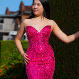 Hot pink beaded Basque waist open back dangling lace v neck corset top mermaid dress