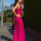 Hot pink beaded Basque waist open back dangling lace v neck corset top mermaid dress