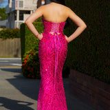 Hot pink beaded Basque waist open back dangling lace v neck corset top mermaid dress