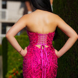 Hot pink beaded Basque waist open back dangling lace v neck corset top mermaid dress