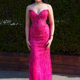 Hot pink beaded Basque waist open back dangling lace v neck corset top mermaid dress