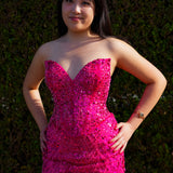 Hot pink beaded Basque waist open back dangling lace v neck corset top mermaid dress