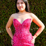 Hot pink beaded Basque waist open back dangling lace v neck corset top mermaid dress