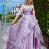 Muted purple mauve organza ruffled dress with lace up back