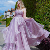 Muted purple mauve organza ruffled dress with lace up back