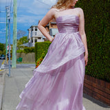 Muted purple mauve organza ruffled dress with lace up back