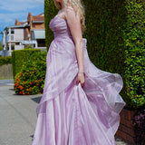 Muted purple mauve organza ruffled dress with lace up back