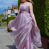 Muted purple mauve organza ruffled dress with lace up back