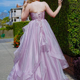 Muted purple mauve organza ruffled dress with lace up back