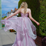 Muted purple mauve organza ruffled dress with lace up back