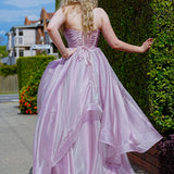 Muted purple mauve organza ruffled dress with lace up back