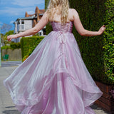 Muted purple mauve organza ruffled dress with lace up back