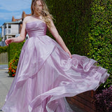 Muted purple mauve organza ruffled dress with lace up back