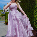 Muted purple mauve organza ruffled dress with lace up back