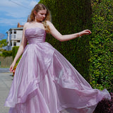 Muted purple mauve organza ruffled dress with lace up back