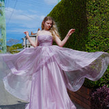 Muted purple mauve organza ruffled dress with lace up back