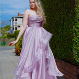 Muted purple mauve organza ruffled dress with lace up back
