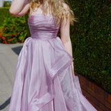 Muted purple mauve organza ruffled dress with lace up back