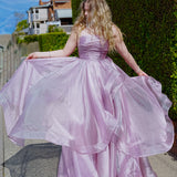 Muted purple mauve organza ruffled dress with lace up back