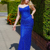 Royal blue beaded daisy sequin flowers dress with basque waist and open back
