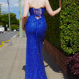 Royal blue beaded daisy sequin flowers dress with basque waist and open back