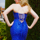 Royal blue beaded daisy sequin flowers dress with basque waist and open back