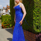 Royal blue beaded daisy sequin flowers dress with basque waist and open back