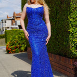 Royal blue beaded daisy sequin flowers dress with basque waist and open back