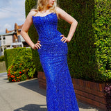 Royal blue beaded daisy sequin flowers dress with basque waist and open back