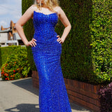 Royal blue beaded daisy sequin flowers dress with basque waist and open back