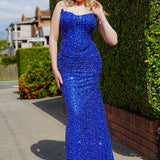 Royal blue beaded daisy sequin flowers dress with basque waist and open back