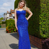 Royal blue beaded daisy sequin flowers dress with basque waist and open back