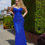 Royal blue beaded daisy sequin flowers dress with basque waist and open back