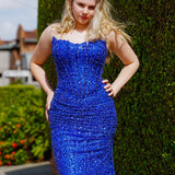 Royal blue beaded daisy sequin flowers dress with basque waist and open back