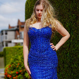 Royal blue beaded daisy sequin flowers dress with basque waist and open back