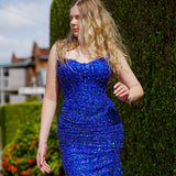 Royal blue beaded daisy sequin flowers dress with basque waist and open back