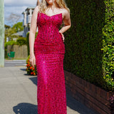 Hot pink beaded daisy sequin flowers dress with basque waist and open back