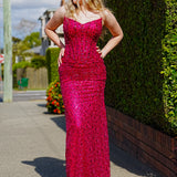 Hot pink beaded daisy sequin flowers dress with basque waist and open back