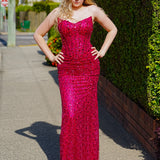 Hot pink beaded daisy sequin flowers dress with basque waist and open back