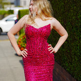 Hot pink beaded daisy sequin flowers dress with basque waist and open back