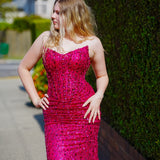 Hot pink beaded daisy sequin flowers dress with basque waist and open back