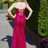 Hot pink beaded daisy sequin flowers dress with basque waist and open back