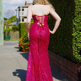 Hot pink beaded daisy sequin flowers dress with basque waist and open back