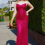 Hot pink beaded daisy sequin flowers dress with basque waist and open back