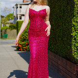 Hot pink beaded daisy sequin flowers dress with basque waist and open back