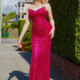 Hot pink beaded daisy sequin flowers dress with basque waist and open back